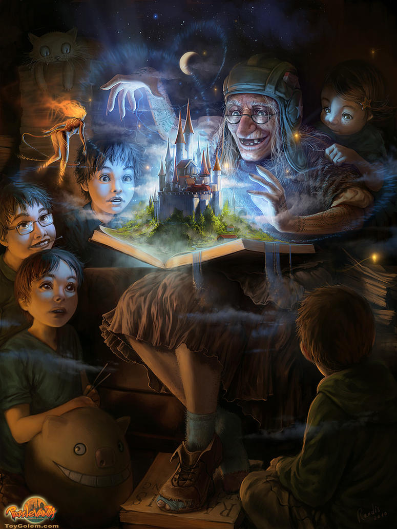 Old woman with a magical storybook telling stories to gathered children
